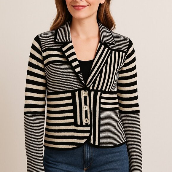 Avec Knit Blazer Jacket Size M Color Block Striped Black and White Smart Casual - Picture 1 of 11